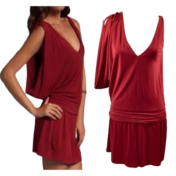 Haute Hippie Size S Crimson Crush Cowl Sleeve Deep V Asymmetric Mini Dress - Picture 1 of 11